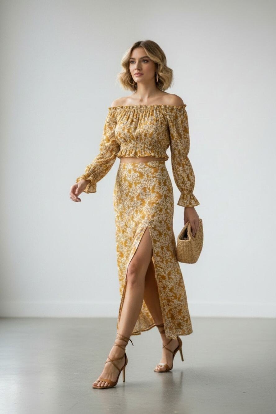 Avenue Zoe Mustard Rayon Floral Two-Piece Crop Top & Maxi Skirt Set Small NWT